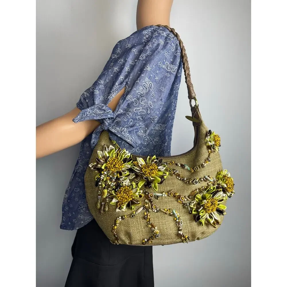 Mary Frances olive green burlap hobo bag floral embellished beaded art to wear